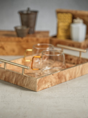 Leiden Burlwood Rectangular Tray With Gold Handles - Medium