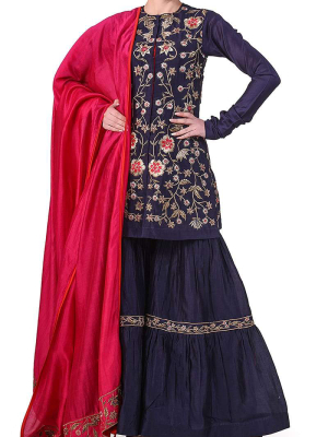 Embroidered Short Kurta, Sharara & Dupatta Set