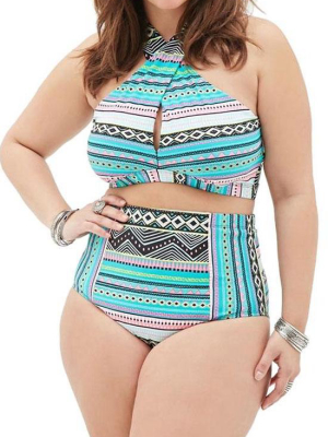 Plus Size Bohemian High Waisted Halter Bikini Swimsuit - Two Piece Set