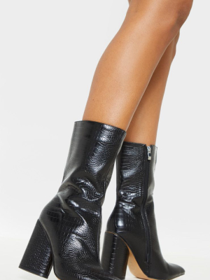 Black Croc Chunky Block Heel Point Toe Boot