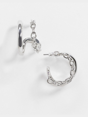 Asos Design Double Loop Earrings With Chain Design In Silver Tone