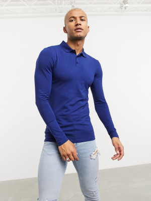 Asos Design Organic Muscle Fit Long Sleeve Jersey Polo In Blue