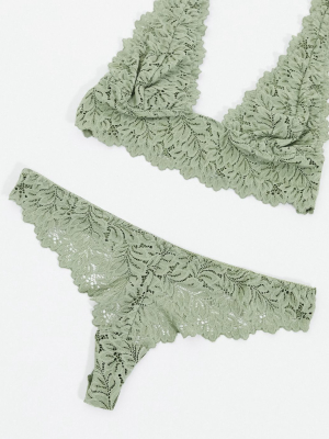 Topshop Lace Thong In Olive Leaf Print