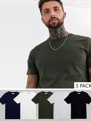 Topman 5 Pack Crew Neck T-shirts In Black White Gray Khaki & Navy