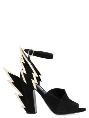 Prada Thunderbolt Appliqué Ankle Strap Block Heel Sandals