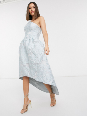 Chi Chi London One Shoulder Maxi Dress In Blue Jacquard