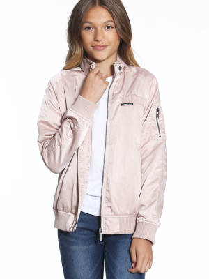 Girl's Elongated Satin Boyfriend Bomber Jacket