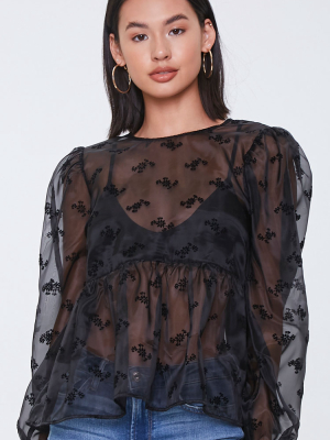 Sheer Floral Print Organza Top