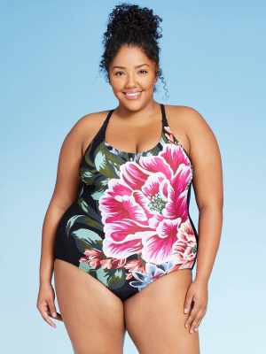 Women's Plus Size Flower One Piece Swimsuit - Kona Sol™ Black