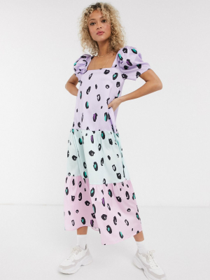 Liquorish Puff Sleeve A-line Midi Dress In Striped Animal Print