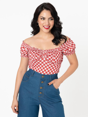 Unique Vintage Retro Red & White Gingham Bernadette Top