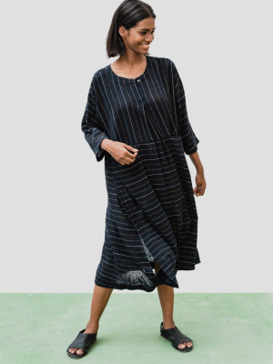 Striped Black Front-pocket Dress