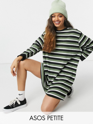 Asos Design Petite Oversized Long Sleeve T-shirt Dress In Khaki Stripe