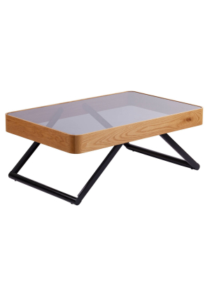 Tarla Modern Glass Cocktail Table Oak With Glass Black - Aiden Lane