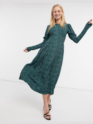 River Island Animal Print Puff Sleeved Slit Midi Dress In Green