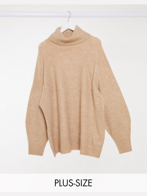 New Look Curve Longline Volume Sleeve Slouchy Turtle Neck Sweater In Camel