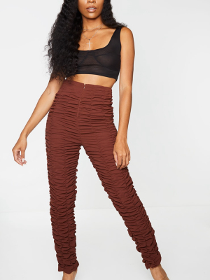 Chocolate Ruched Leg Woven Skinny Pants