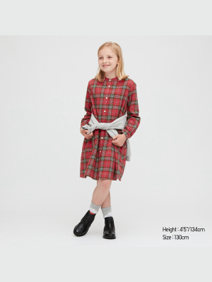 Girls Flannel Long-sleeve Checked Dress