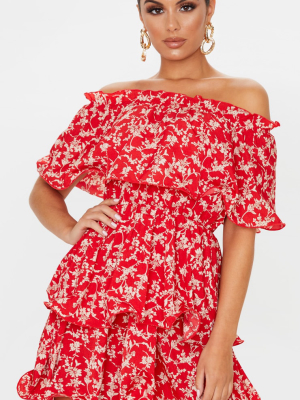 Red Floral Print Chiffon Bardot Ruffle Tiered...