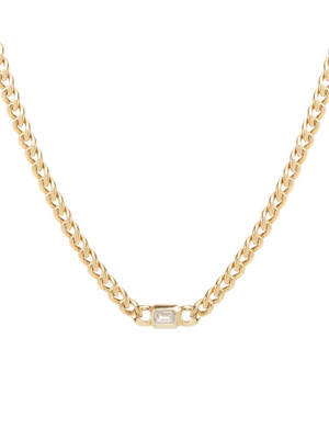14k Gold Medium Curb Chain Necklace With Emerald Cut Diamond