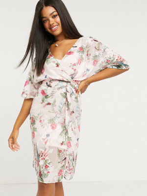 Lipsy Velvet Devore Knot Front Midi Dress In Multi Floral Print