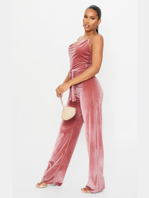 Rose Velvet Clear Strap Cowl Neck Jumpsuit