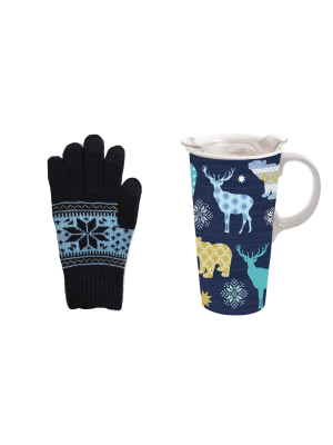 Cypress Home Beautiful Christmas Woodland Blue Pattern Ceramic Travel Cup And Glove Gift Set - 5 X 4 X 7 Inches Indoor/o