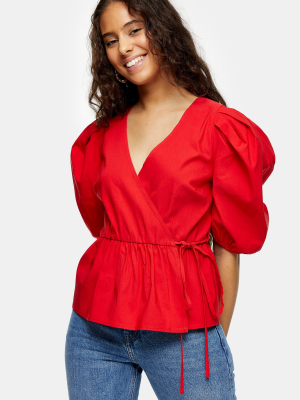 Petite Red Stretch Wrap Top