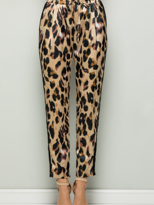 Contrast Statement Pants With Leopard Print