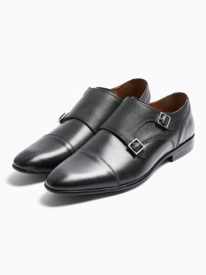 Black Leather Bright Monk Shoes