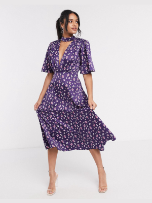 Asos Design Satin Midi Dress With Flutter Sleeve In Floral Print