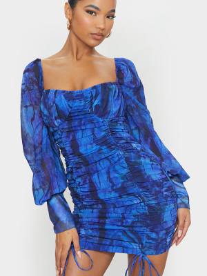 Blue Abstract Print Chiffon Long Sleeve Ruched...