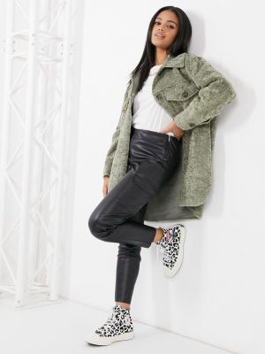 Asos Design Bonded Sherpa Shirt Jacket In Sage