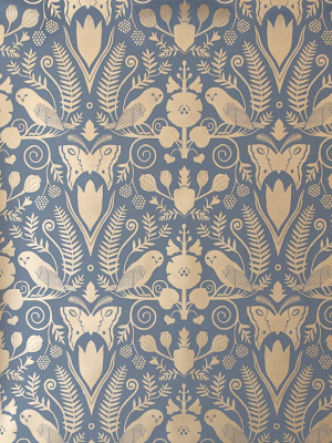 Barn Owls And Hollyhocks Wallpaper In Gold On Charcoal By Carson Ellis For Thatcher Studio