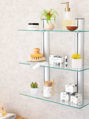 3 Tier Wall Mount Adjustable Glass Shelving Unit With Aluminum Bars - Danya B.