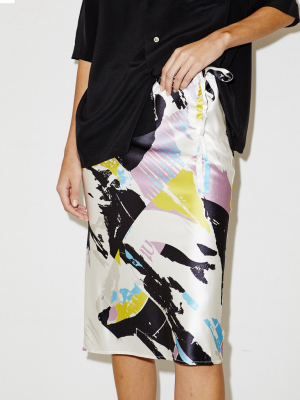 Silk Drawstring Skirt In White Torn Print