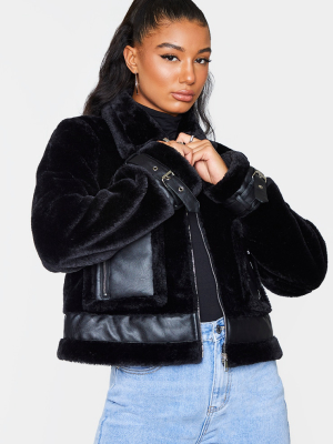 Black Faux Fur Contrast Pu Pocket Cropped Jacket