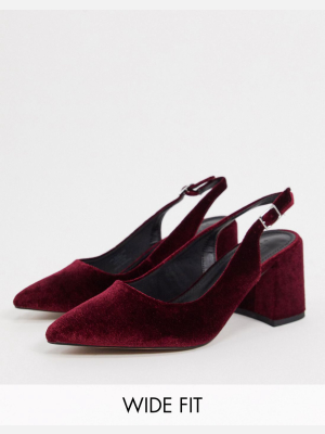 Asos Design Wide Fit Sammy Slingback Mid Heels In Burgundy Velvet