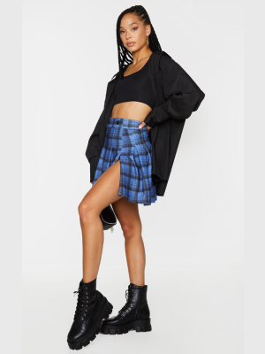 Blue Pleated Check Side Split Tennis Skirt