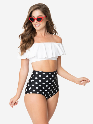 Unique Vintage Black & White Dotted Button High Waist Louise Swim Bottoms