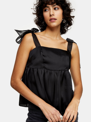 Black Satin Tie Shoulder Blouse