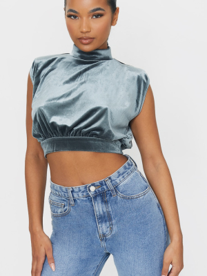 Grey Velvet High Neck Shoulder Pad Draped Crop Top