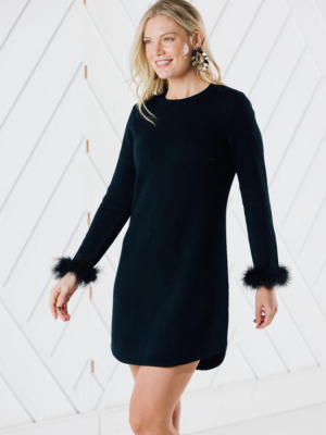 Long Sleeve Sweater Dress With Faux Fur (two Colors Red Or Black)