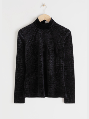 Croco Print Velour Turtleneck Top