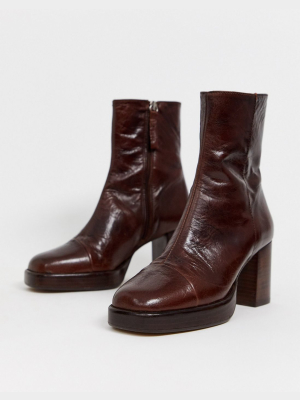 Asos Design Reunion Premium Leather Platform Boots In Brown