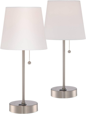 360 Lighting Modern Accent Table Lamps 18" High Set Of 2 With Hotel Style Usb Charging Port Silver Metal White Empire Shade For Bedroom Office