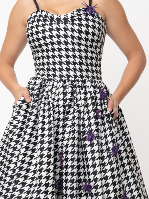 Unique Vintage Black Houndstooth & Purple Spiders Darcy Swing Dress