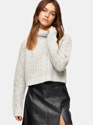 Petite Gray Neppy Cropped Roll Neck Knitted Sweater