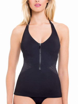 Profile By Gottex Monte Carlo Zip Up Tankini Top In Black E765-1b30-001