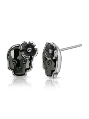 Chrome Black Flower Skull Stud Earrings